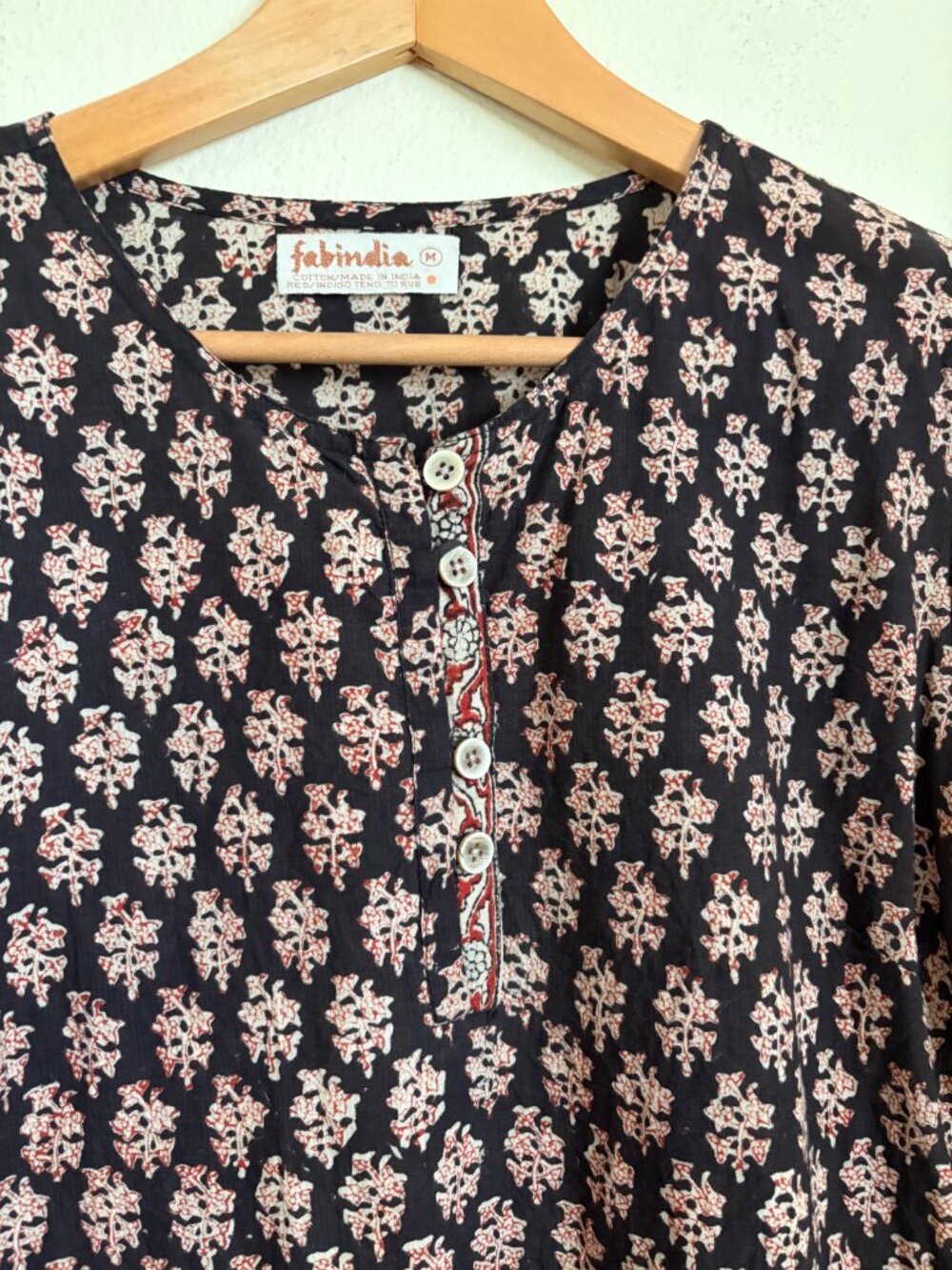 Fabindia Black Printed Cotton Kurti Tunic Top – Women’s Medium – Boho Henley 3/4 - Picture 7 of 13